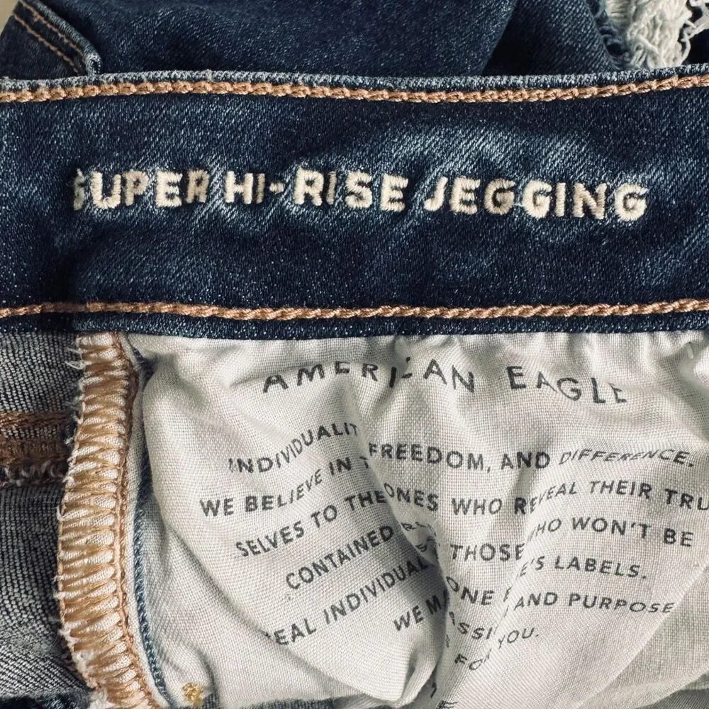 American Eagle Super Hi Rise Jegging Jeans 4 (28x27) Blue Distressed Patch Women
